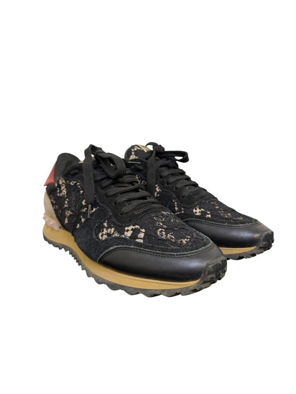 Valentino Garavani Black Lace Sneakers With Red Accents Size 7.5/38